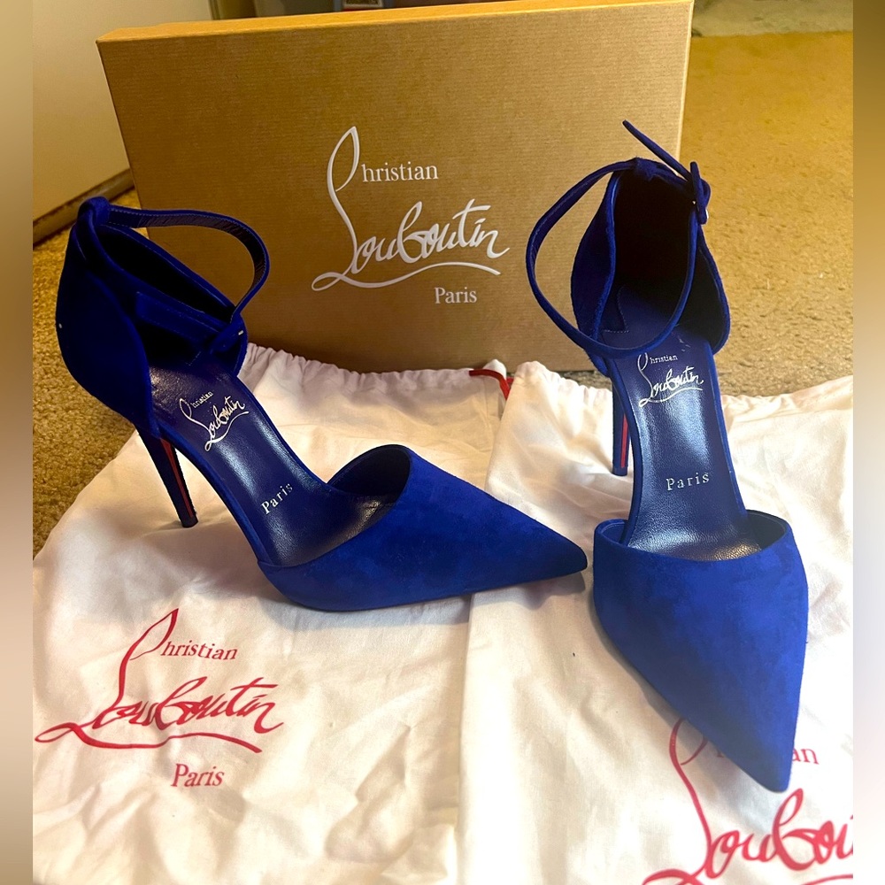Christian Louboutin high heels, blue suede, 8.5, worn once.